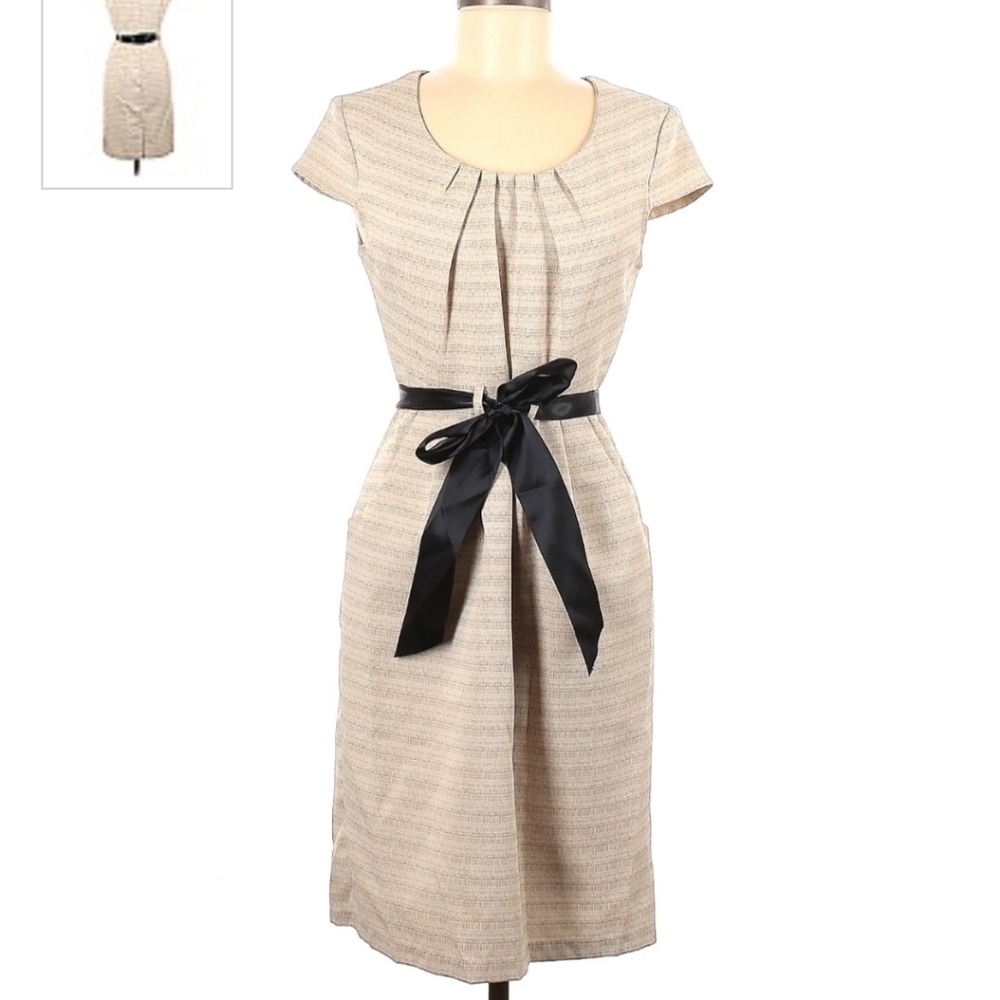Karin Stevens Tan Pleated Collar Tie Waist Short Sleeve Dress Women's Size 8 EUC